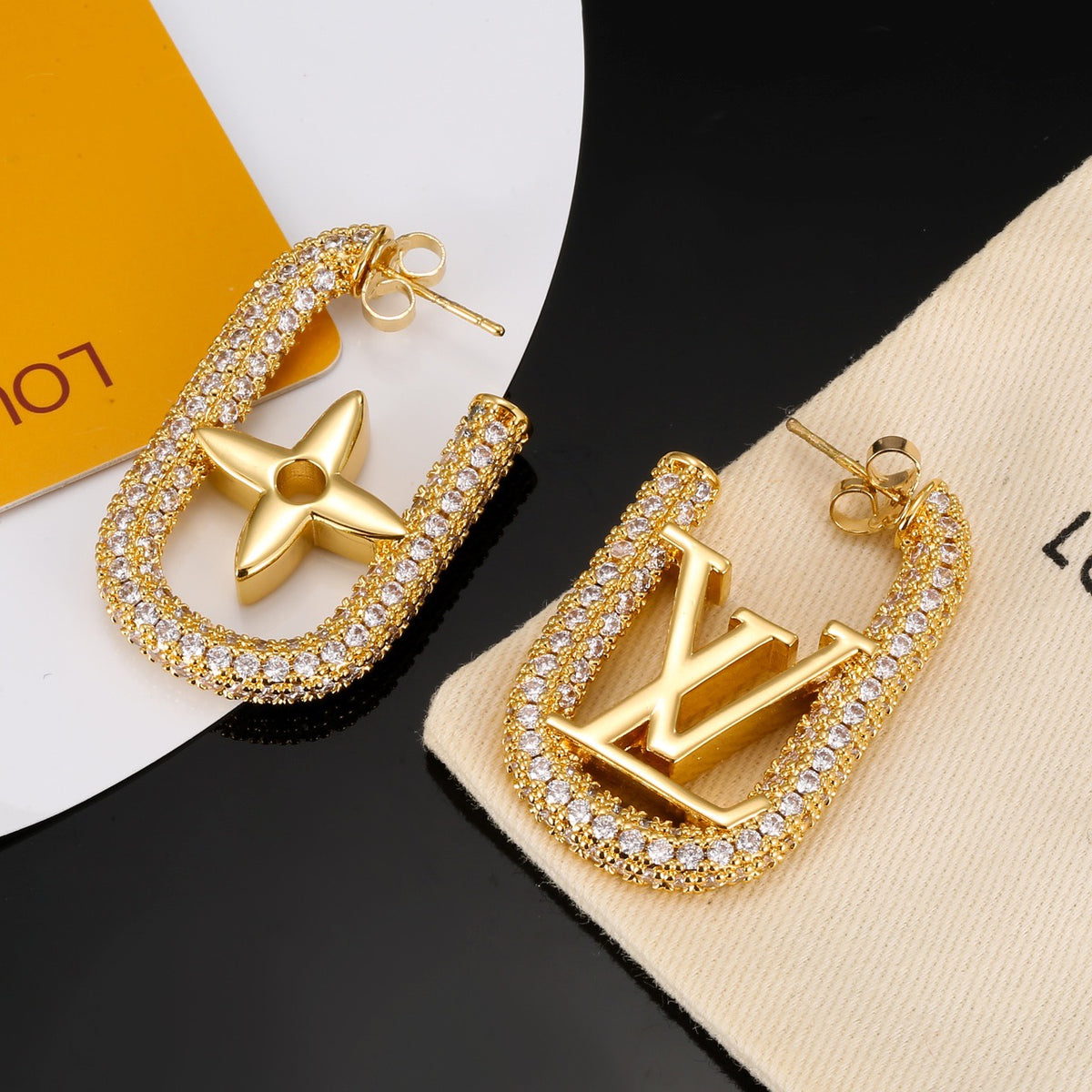 Letter Emblem Stud Earrings in Polished Metal-Tone – Design 016 front product view