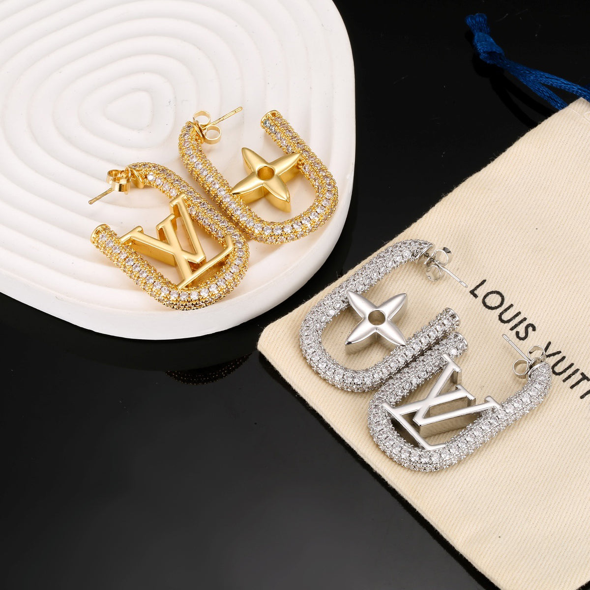Letter Emblem Stud Earrings in Polished Metal-Tone – Design 016 close-up detail