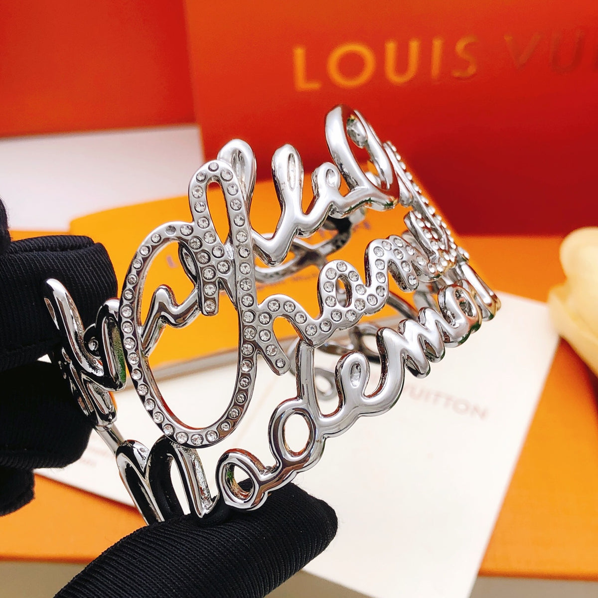 Letter Emblem Bangle in Silver-Tone side detail