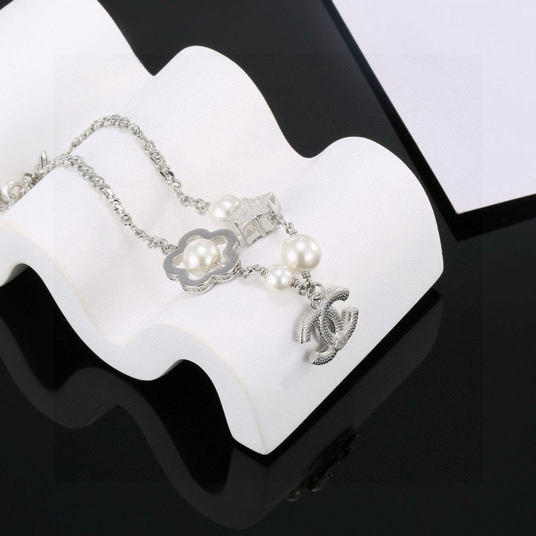 Camellia Bracelet in Polished Metal-Tone – Pearl Detail – Design 002 main product view