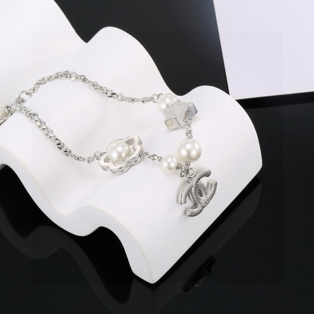 Camellia Bracelet in Polished Metal-Tone – Pearl Detail – Design 002 detail view