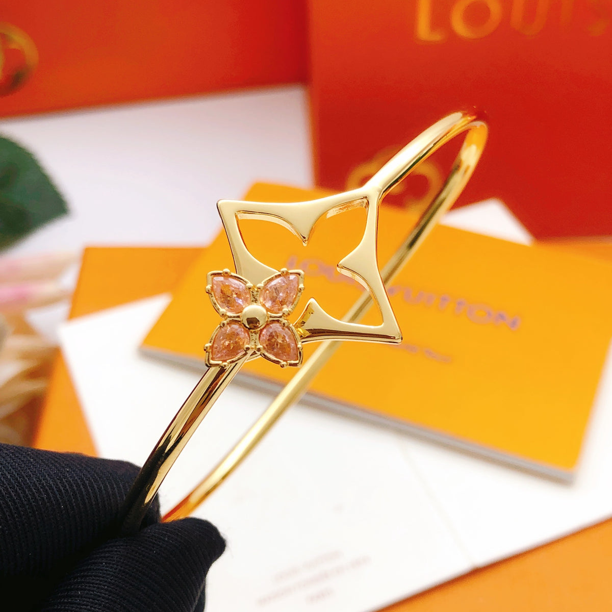 Geometric Emblem Bangle in Gold-Tone – Pink Detail main product view