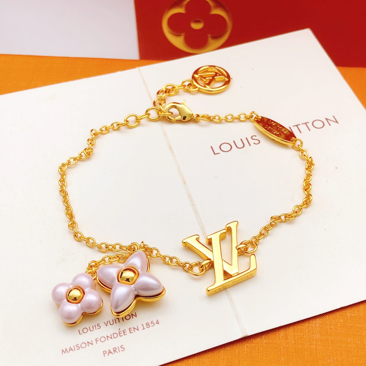 Floral Bracelet in Gold-Tone – Pink Detail – Design 002 side detail