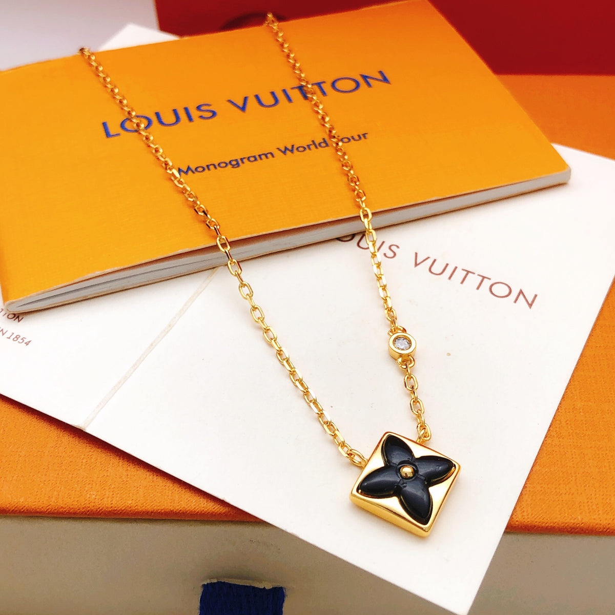 Geometric Emblem Pendant Necklace in Gold-Tone – Black Detail – Design 003 main product view