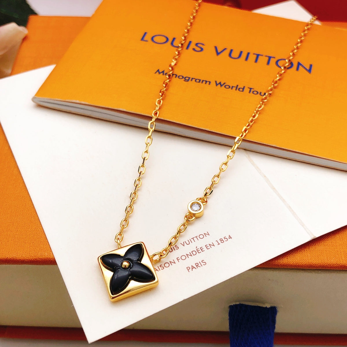Geometric Emblem Pendant Necklace in Gold-Tone – Black Detail – Design 003 front product view