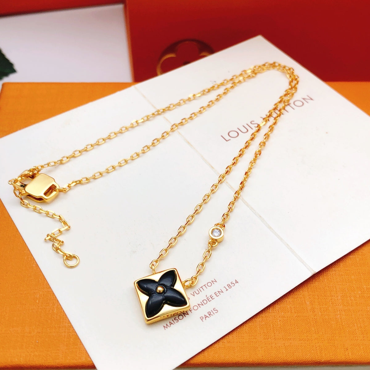 Geometric Emblem Pendant Necklace in Gold-Tone – Black Detail – Design 003 side detail