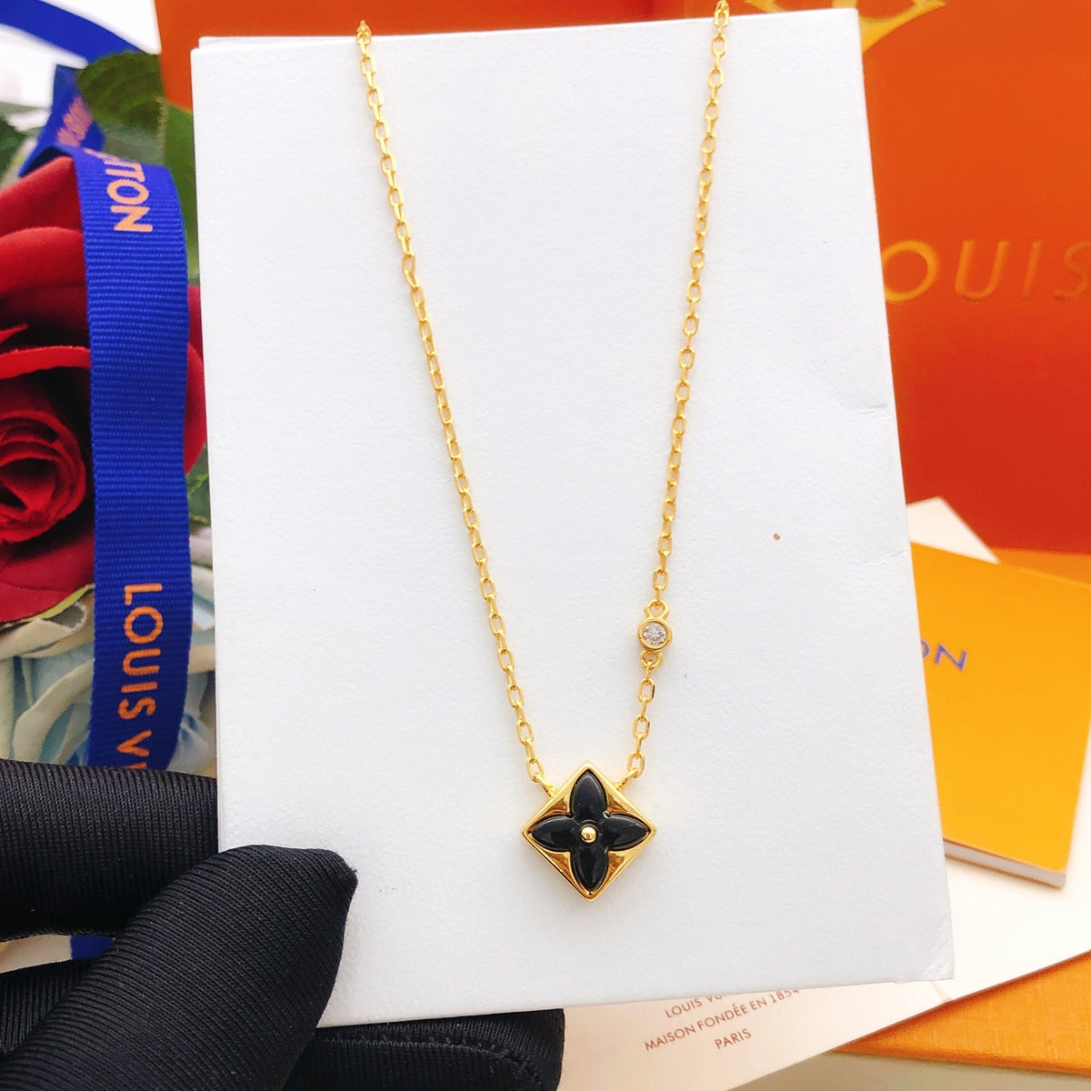 Geometric Emblem Pendant Necklace in Gold-Tone – Black Detail – Design 003 detail view
