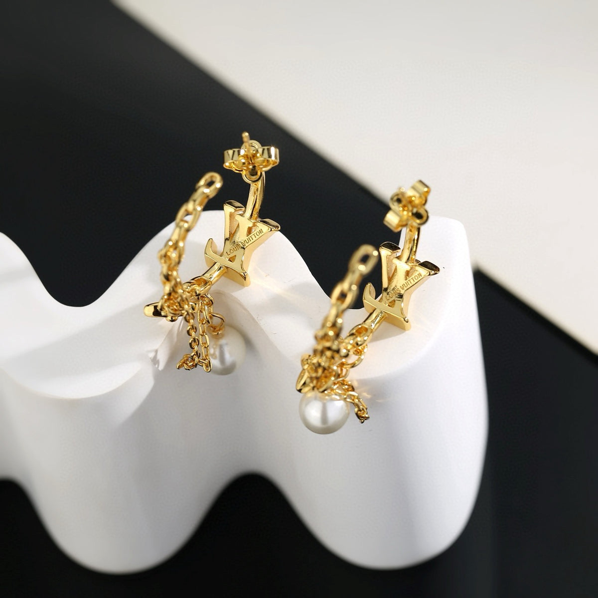 Letter Emblem Stud Earrings in Polished Metal-Tone – Design 015 close-up detail