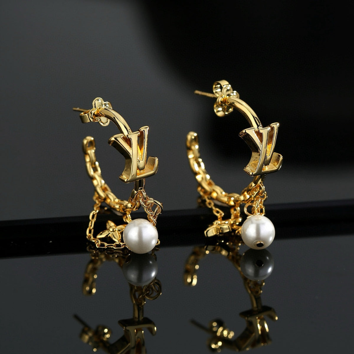 Letter Emblem Stud Earrings in Polished Metal-Tone – Design 015 main product view