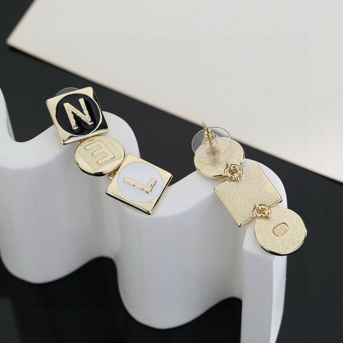 Letter Stud Earrings in Polished Metal-Tone – Design 008 close-up detail