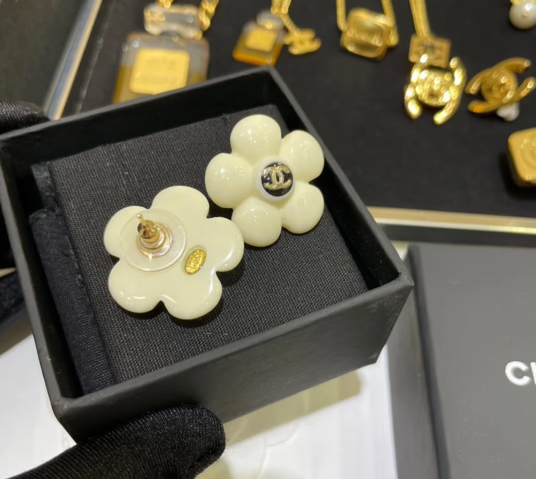Camellia Stud Earrings in Polished Metal-Tone – Camellia Detail – Design 031 styled product view