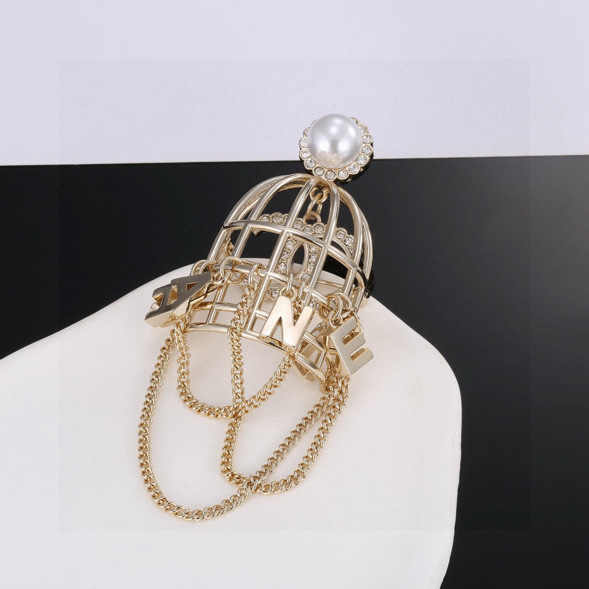 Double-C Emblem Brooch in Polished Metal-Tone – Design 022 styled product view