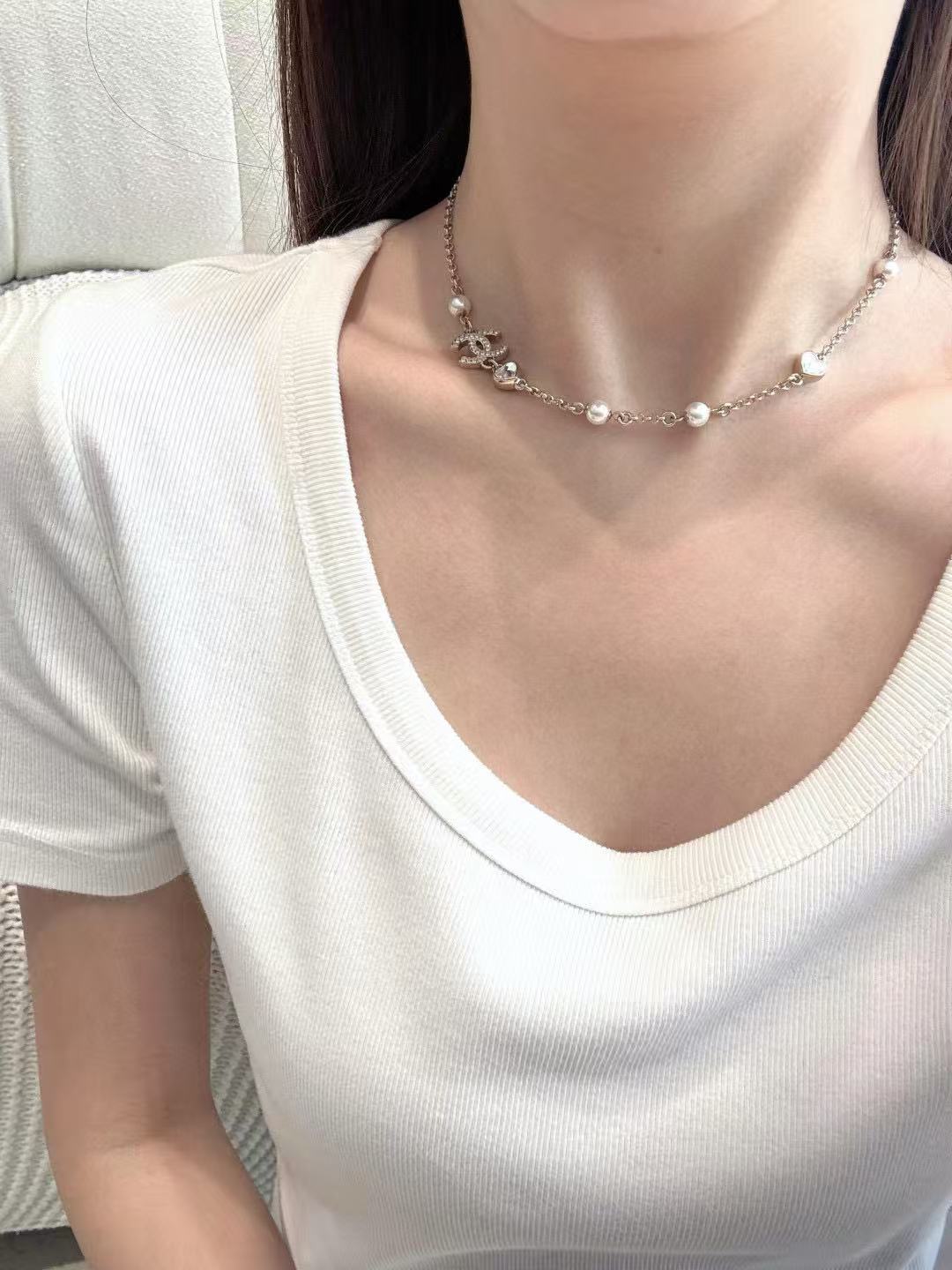 Double-C Emblem Pendant Necklace in Polished Metal-Tone – Design 012 detail view