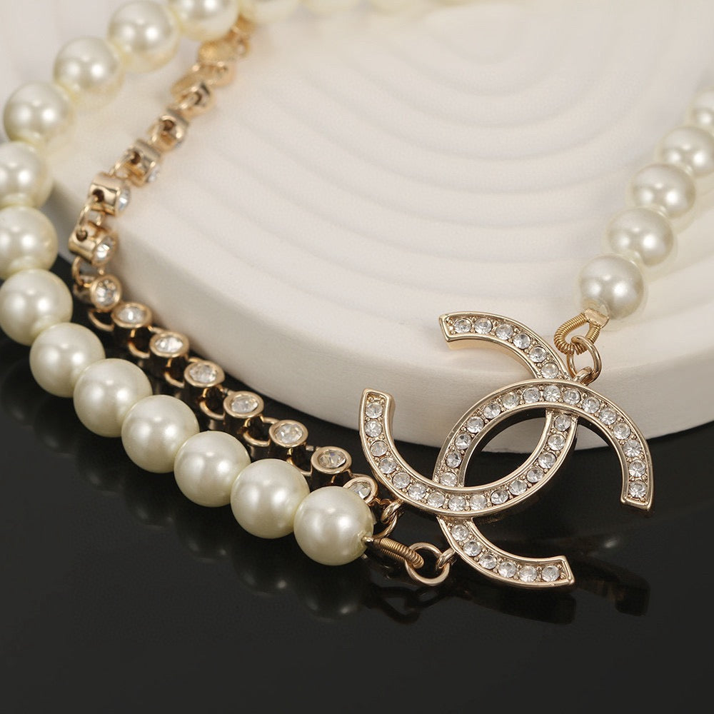 Double-C Emblem Pearl-Detail Pendant Necklace – Pearl Detail – Design 031 detail view