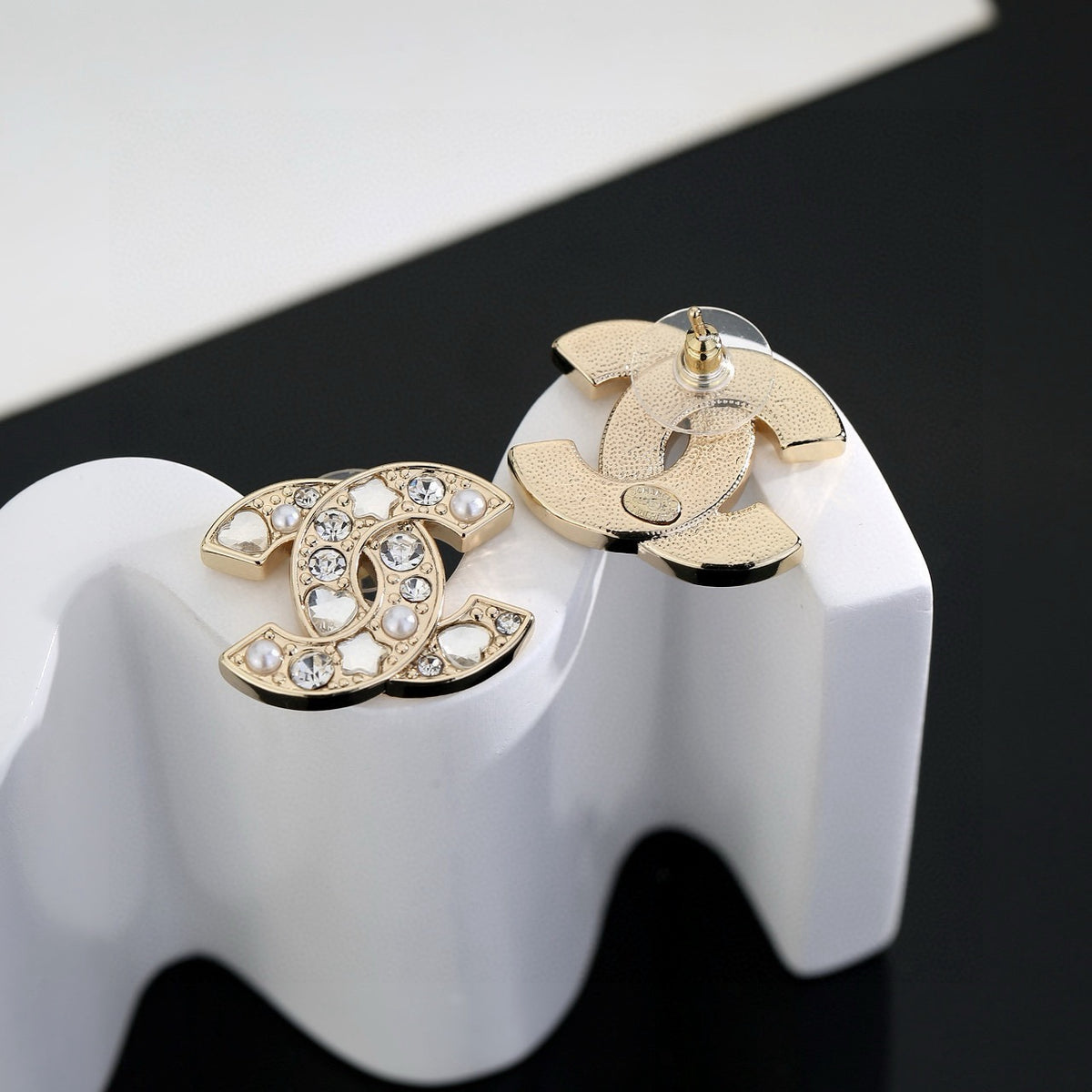 Double-C Emblem Stud Earrings in Gold-Tone – Star Detail – Design 004 styled product view