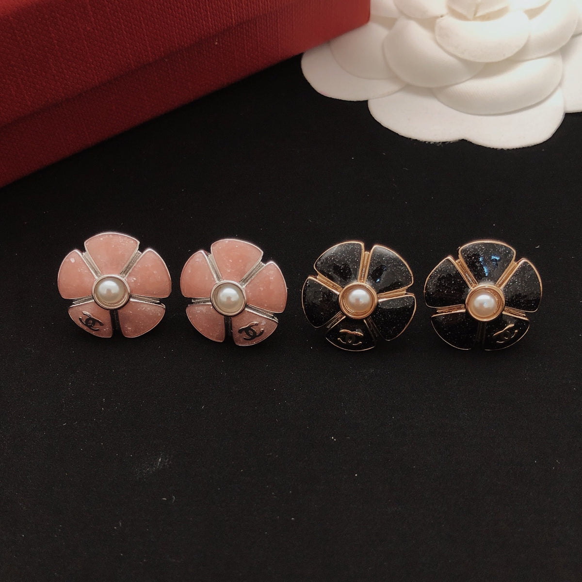Camellia Stud Earrings in Gold-Tone – Camellia Detail – Design 004 styled product view