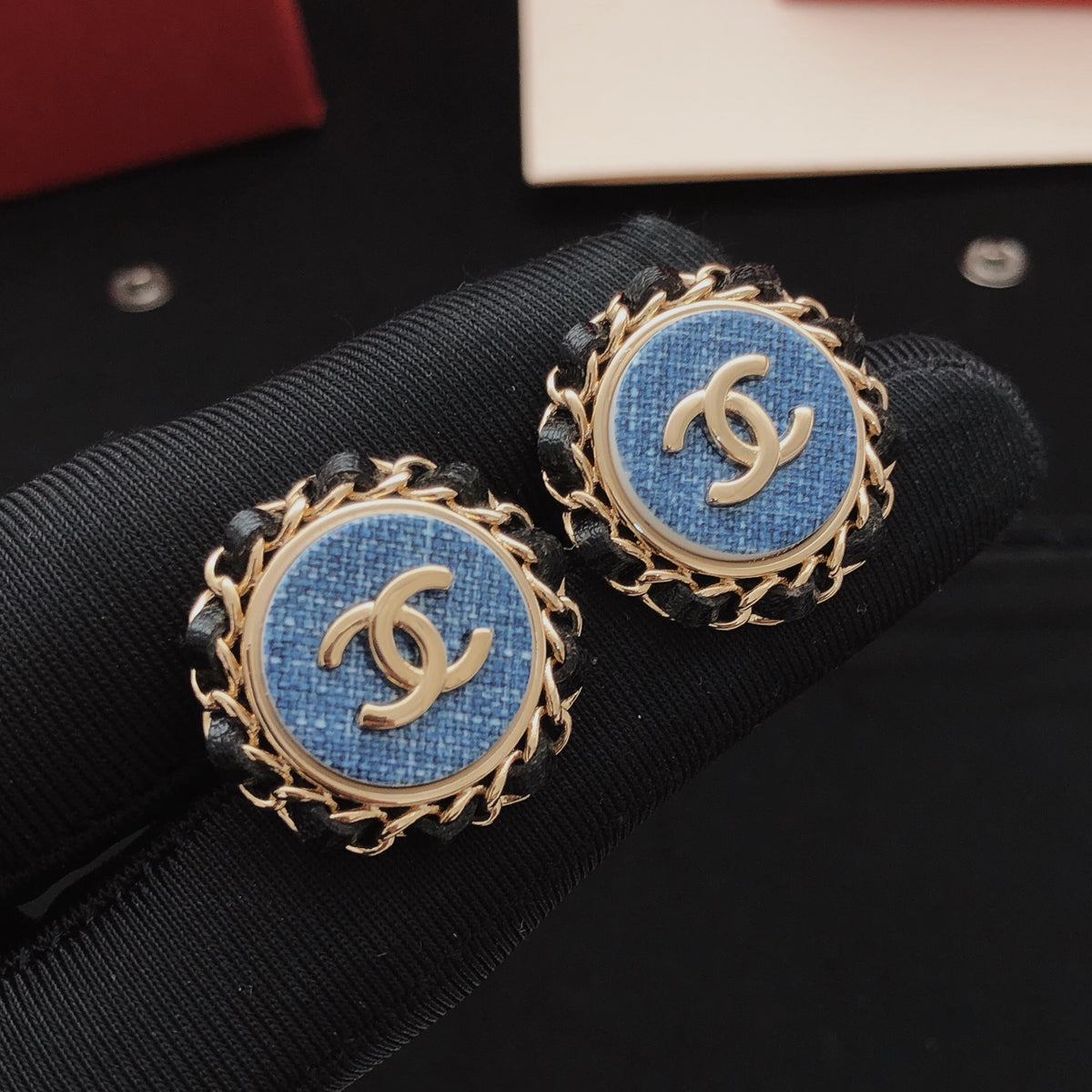 Round Stud Earrings in Gold-Tone – Blue Detail – Design 003 styled product view
