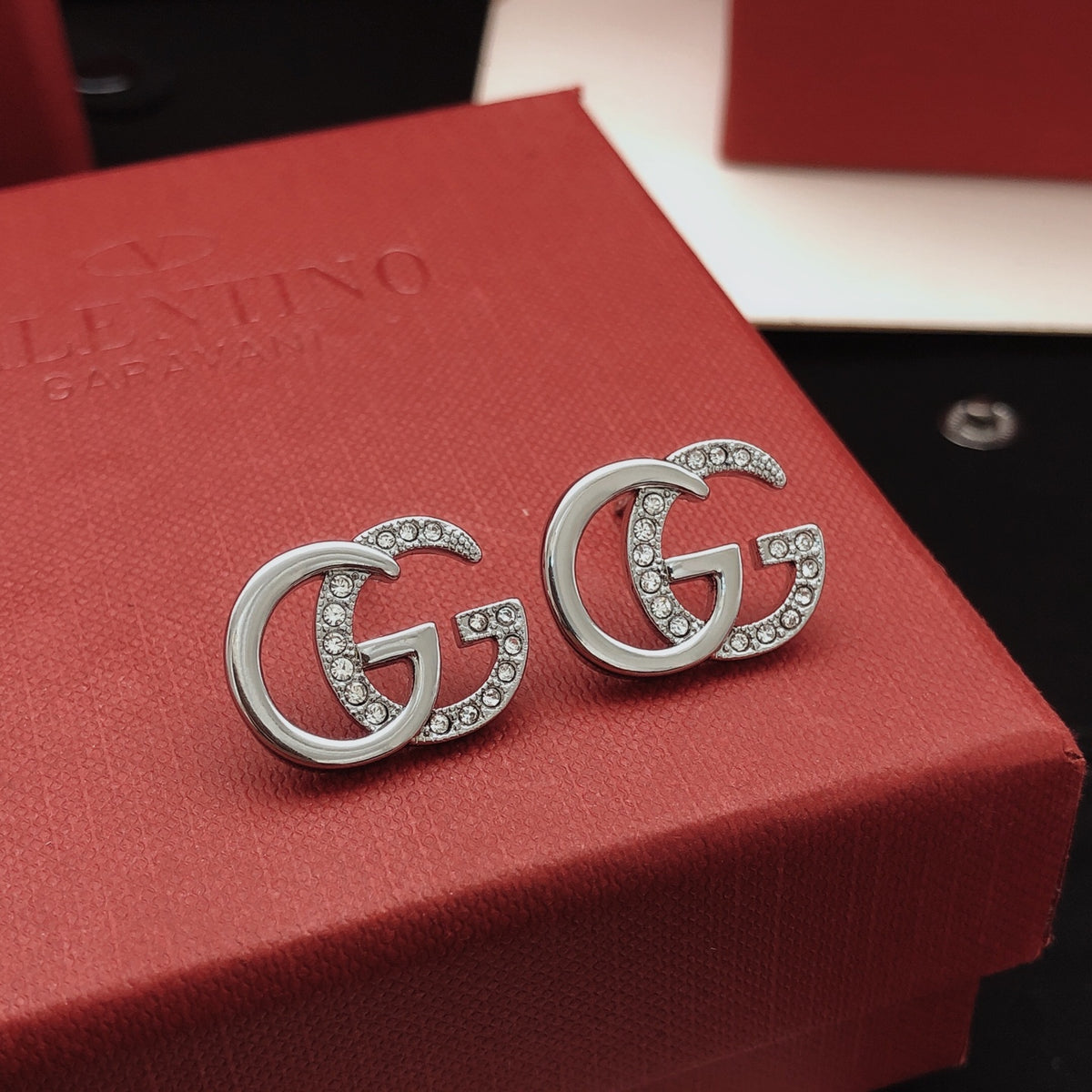 Geometric Emblem Stud Earrings in Silver-Tone – Design 005 side detail