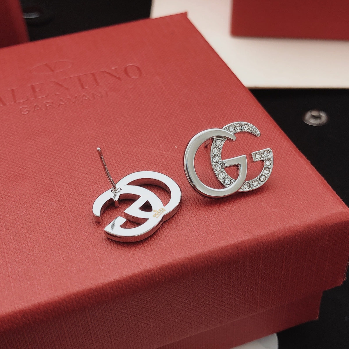 Geometric Emblem Stud Earrings in Silver-Tone – Design 005 close-up detail