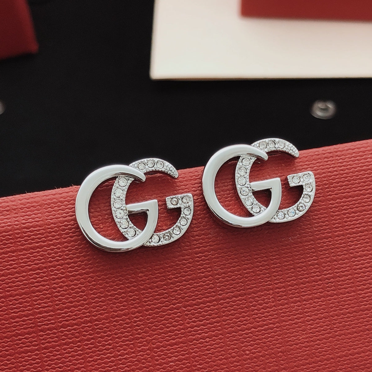 Geometric Emblem Stud Earrings in Silver-Tone – Design 005 detail view