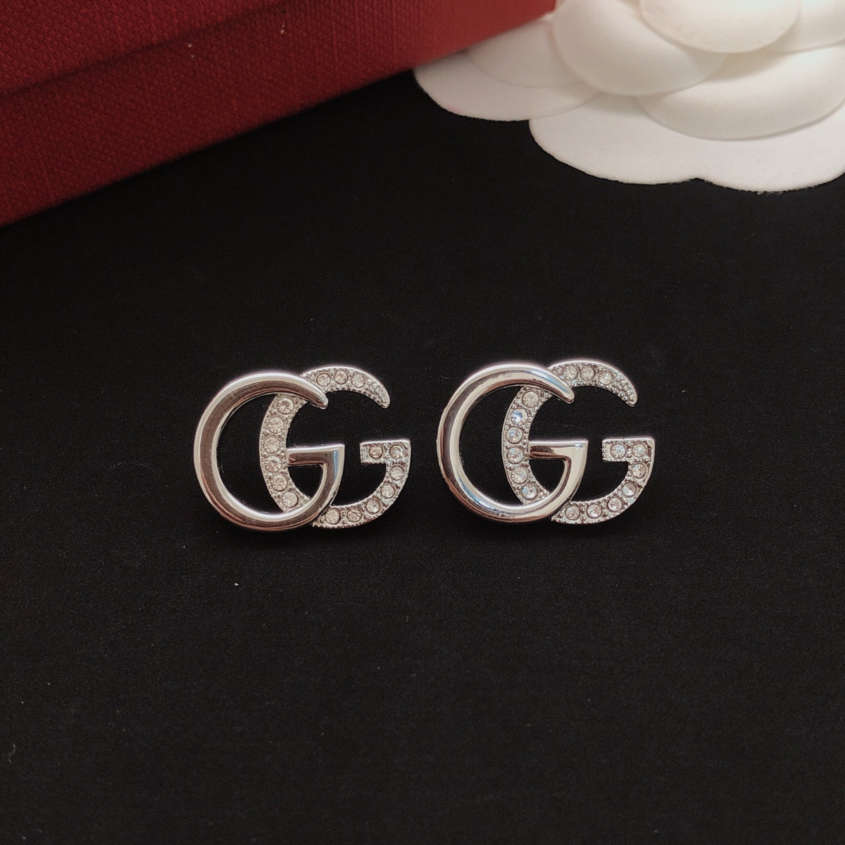 Geometric Emblem Stud Earrings in Silver-Tone – Design 005 styled product view