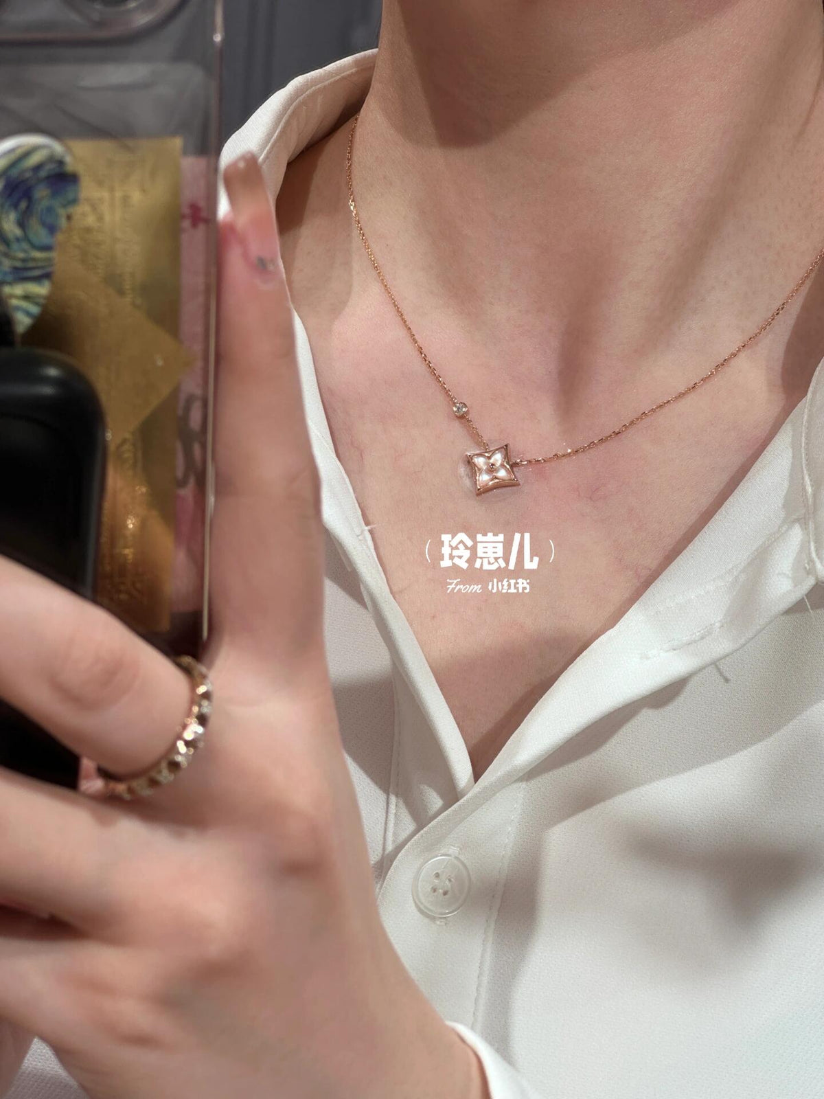 Geometric Emblem Pendant Necklace in Gold-Tone – Pink Detail – Design 003 close-up detail