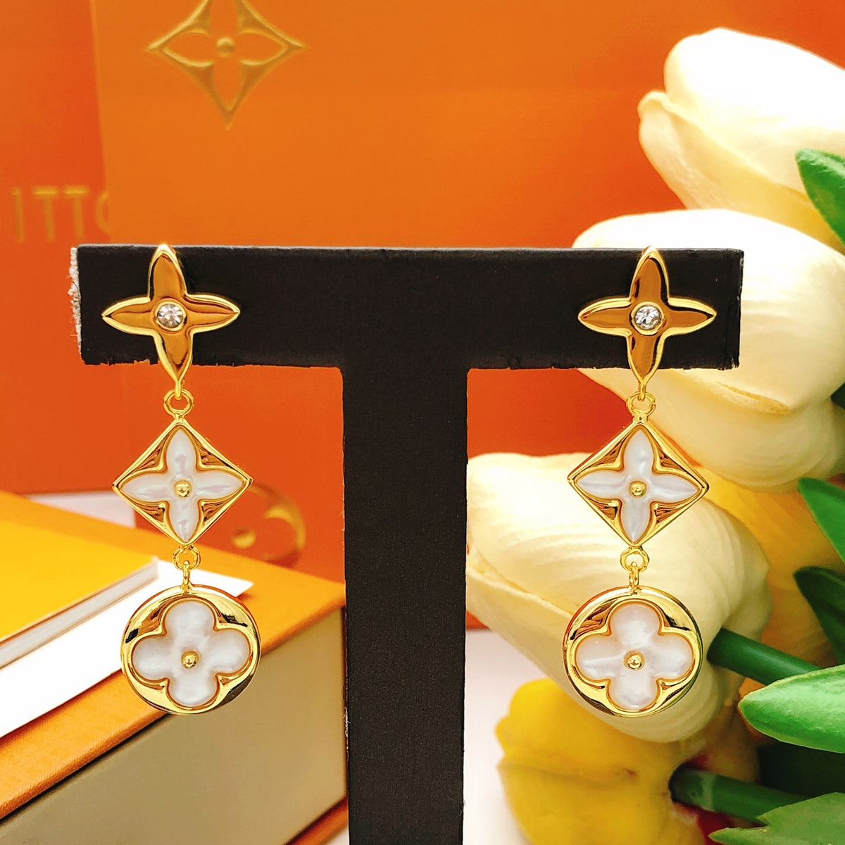 Geometric Emblem Stud Earrings in Gold-Tone – Design 028 styled product view