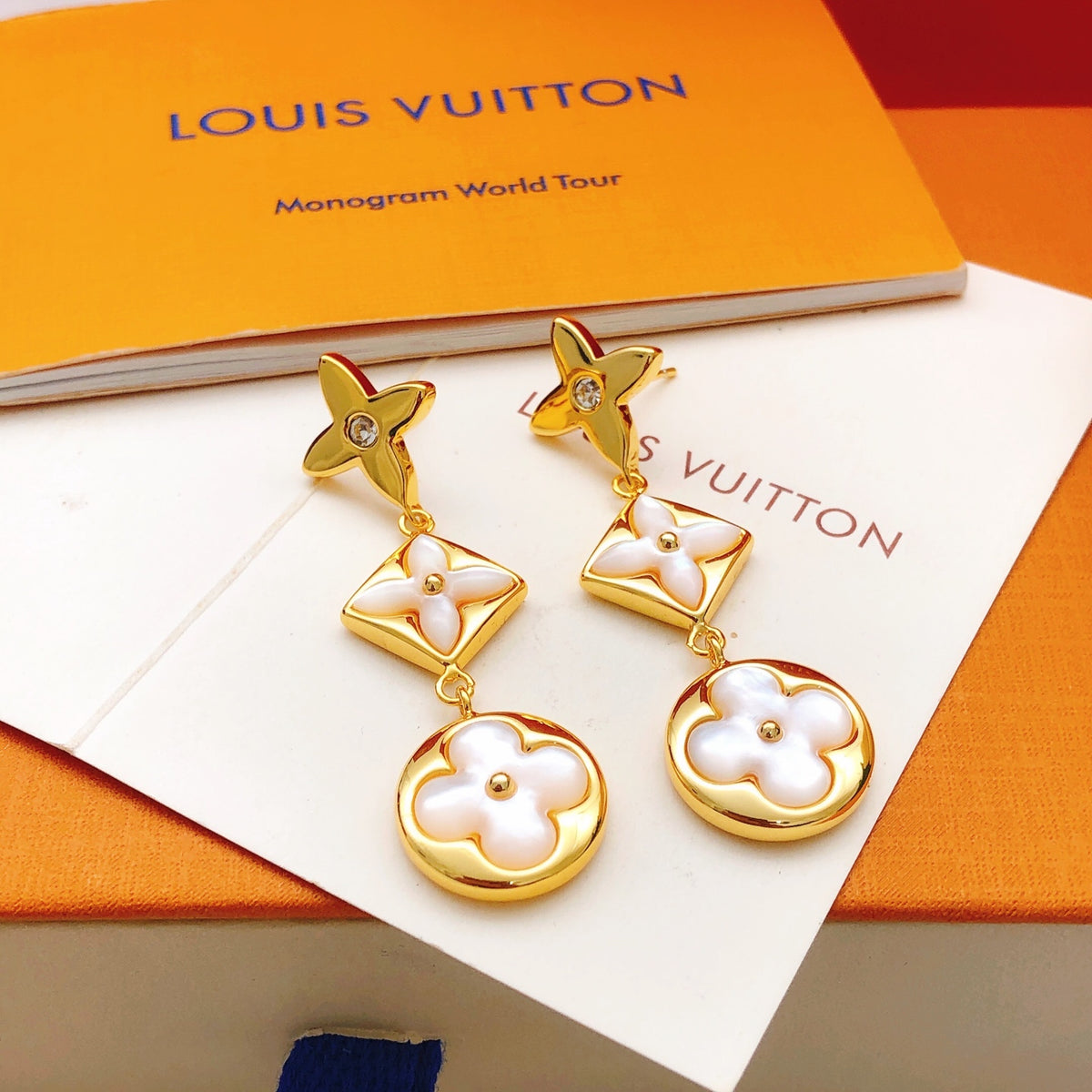 Geometric Emblem Stud Earrings in Gold-Tone – Design 028 detail view