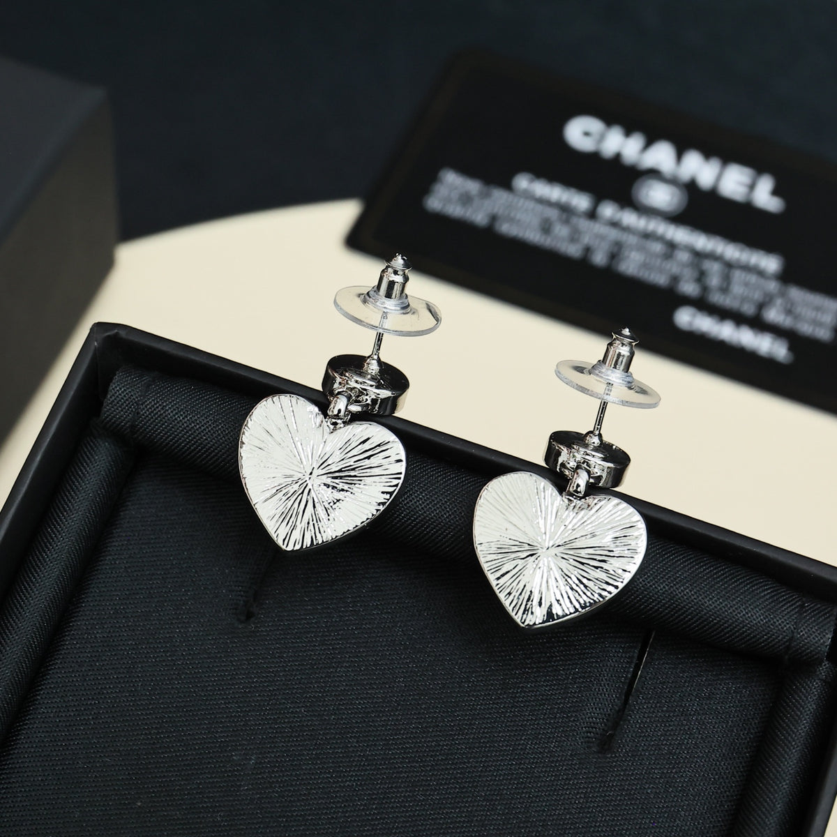 Double-C Emblem Crystal-Accent Statement Earrings – Heart Detail – Design 006 front product view
