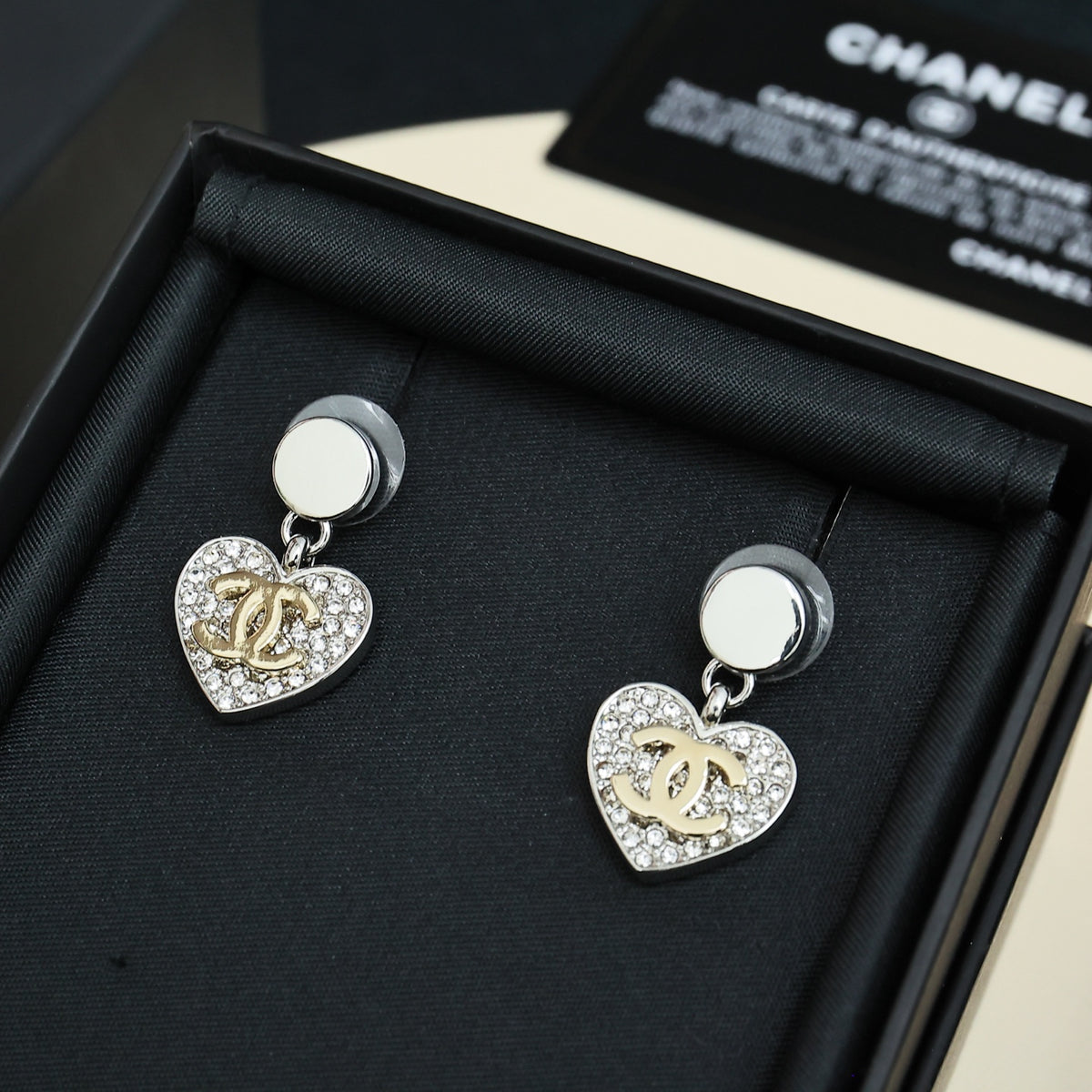 Double-C Emblem Crystal-Accent Statement Earrings – Heart Detail – Design 006 detail view
