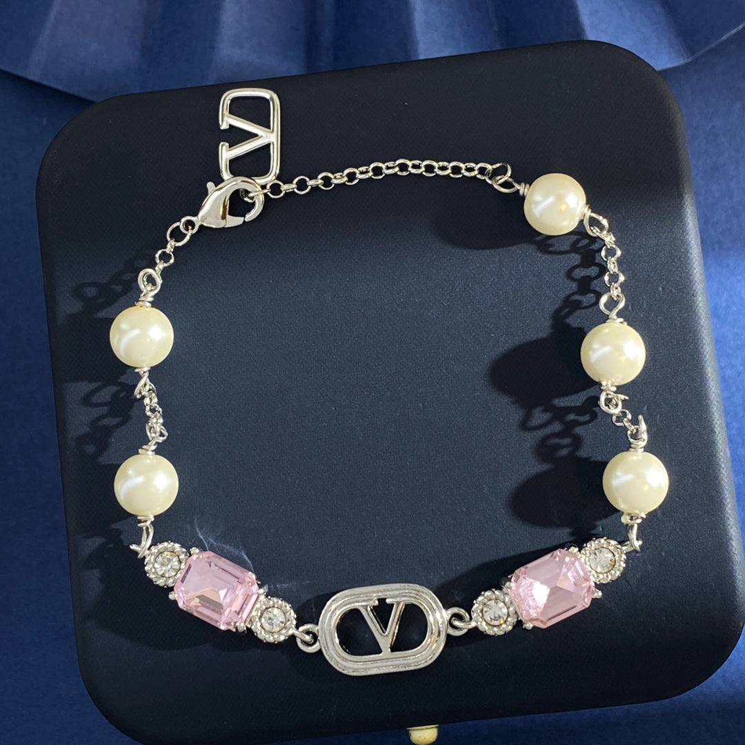 V Emblem Crystal-Accent Bracelet – Pink side detail