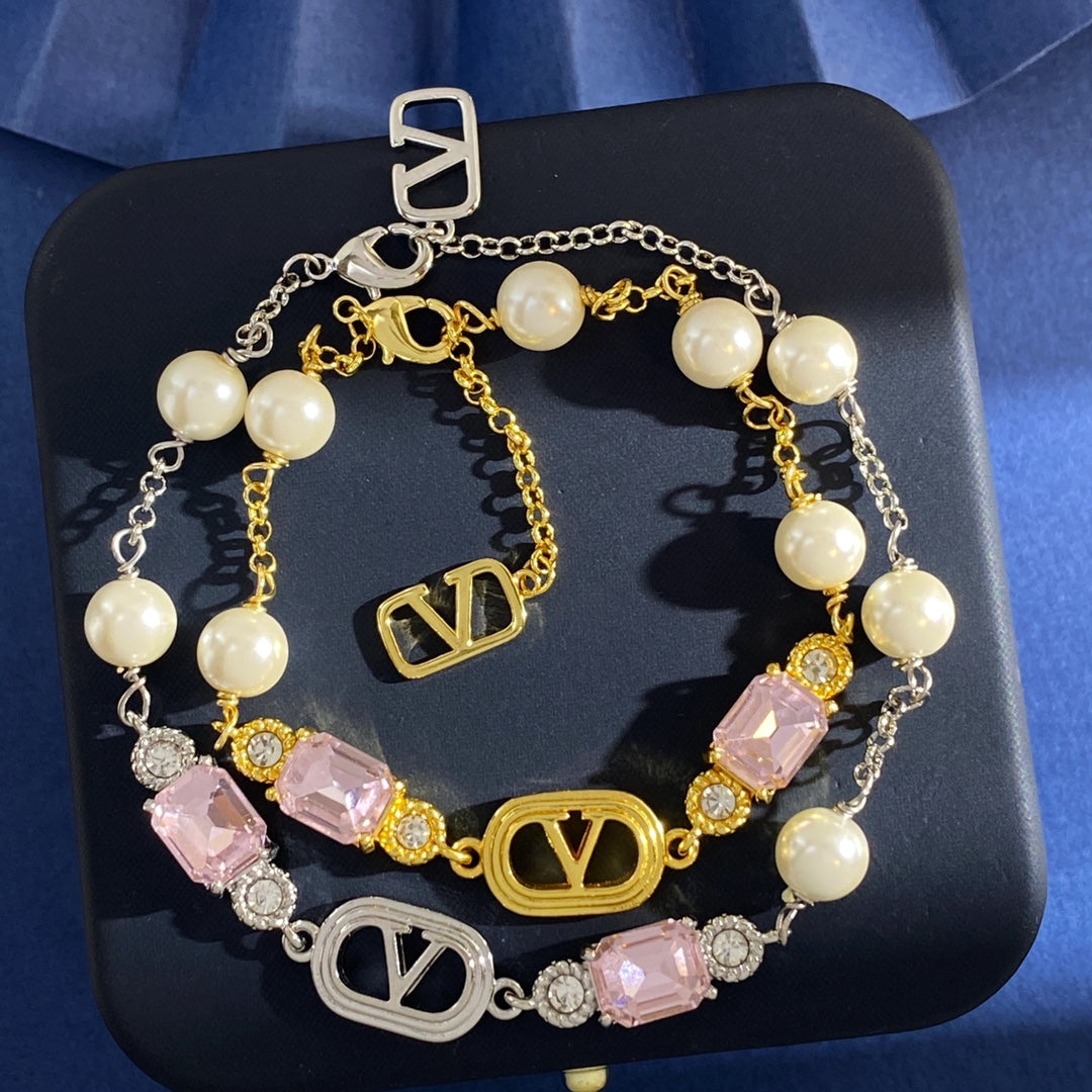 V Emblem Crystal-Accent Bracelet – Pink main product view