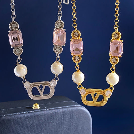V Emblem Crystal-Accent Pendant Necklace – Pink main product view