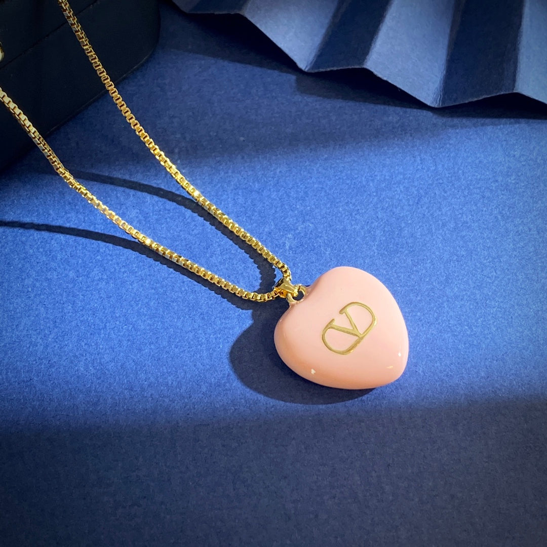 V Emblem Pendant Necklace in Gold-Tone – Pink side detail