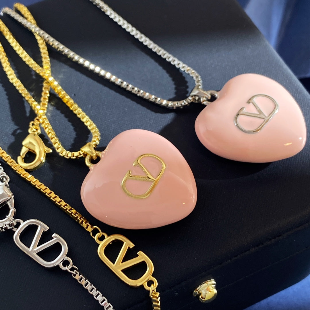 V Emblem Pendant Necklace in Gold-Tone – Pink detail view