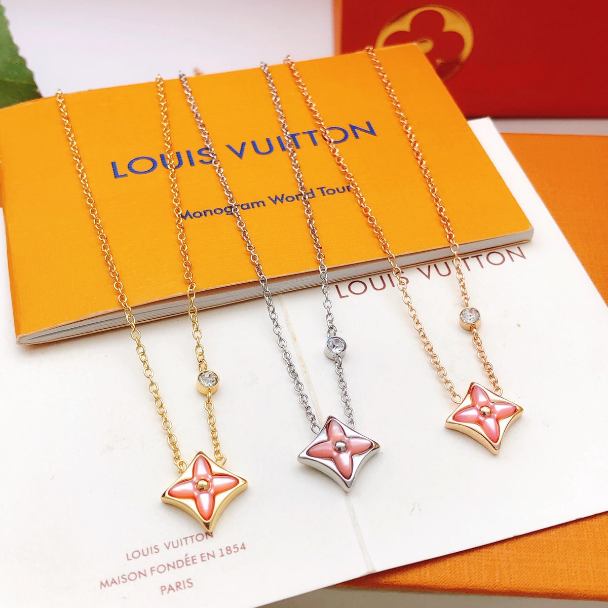 Geometric Emblem Pendant Necklace in Gold-Tone – Pink Detail – Design 003 styled product view