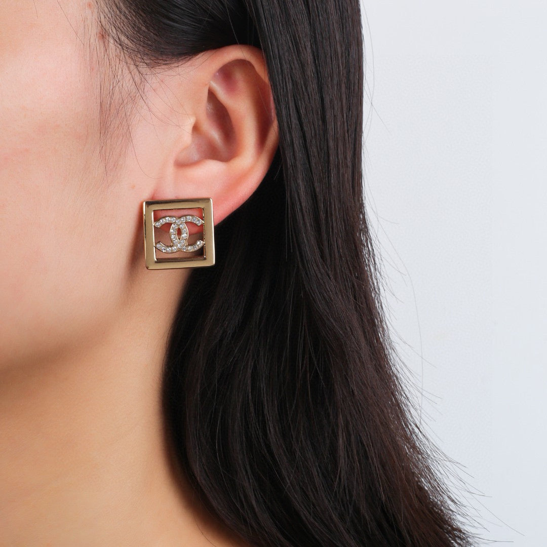 Double-C Emblem Stud Earrings in Gold-Tone – Design 018 front product view