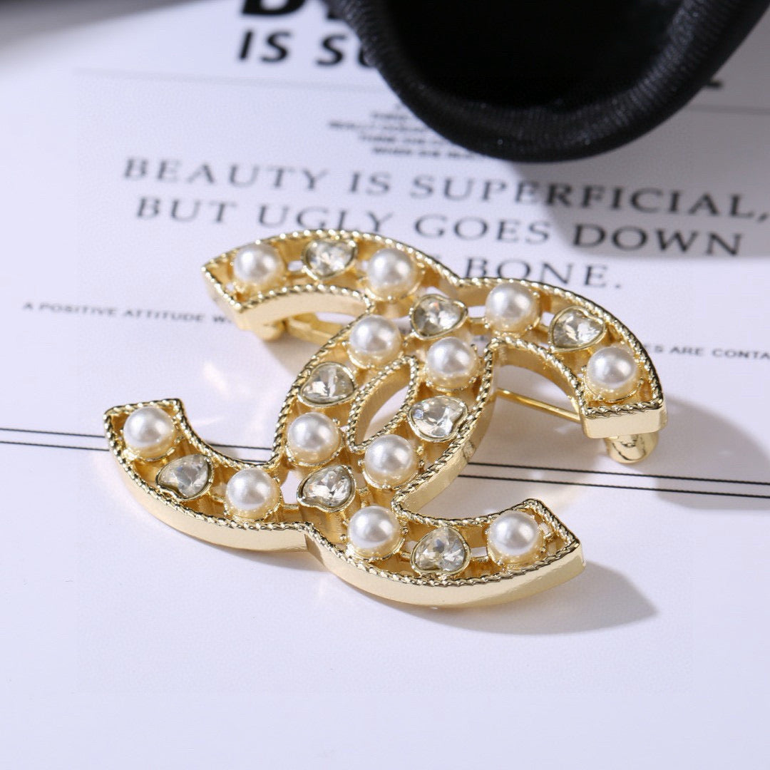 Double-C Emblem Brooch in Polished Metal-Tone – Pearl Detail – Design 008 front product view