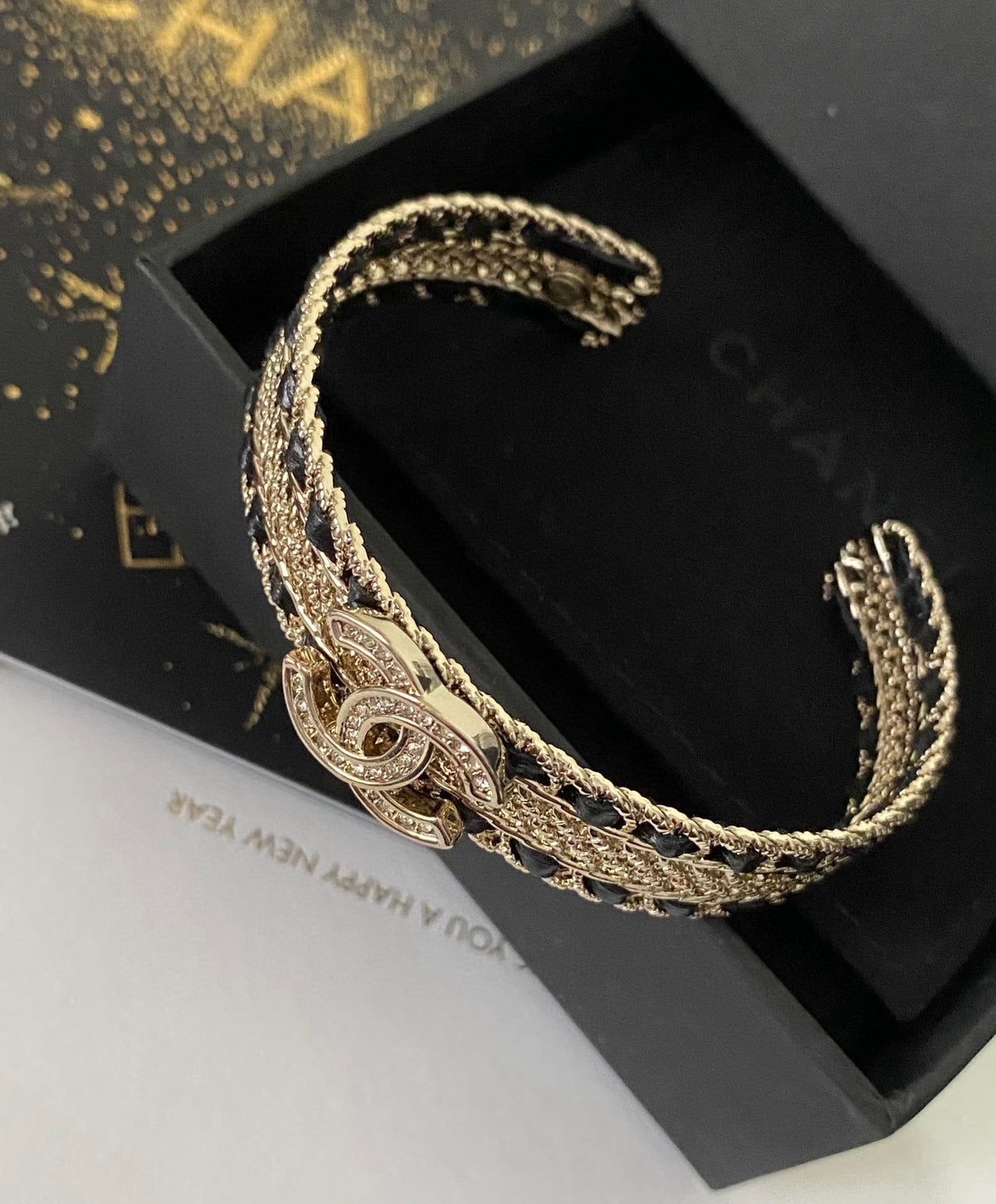 Signature Emblem Bangle in Polished Metal-Tone – Black Detail – Design 006 close-up detail
