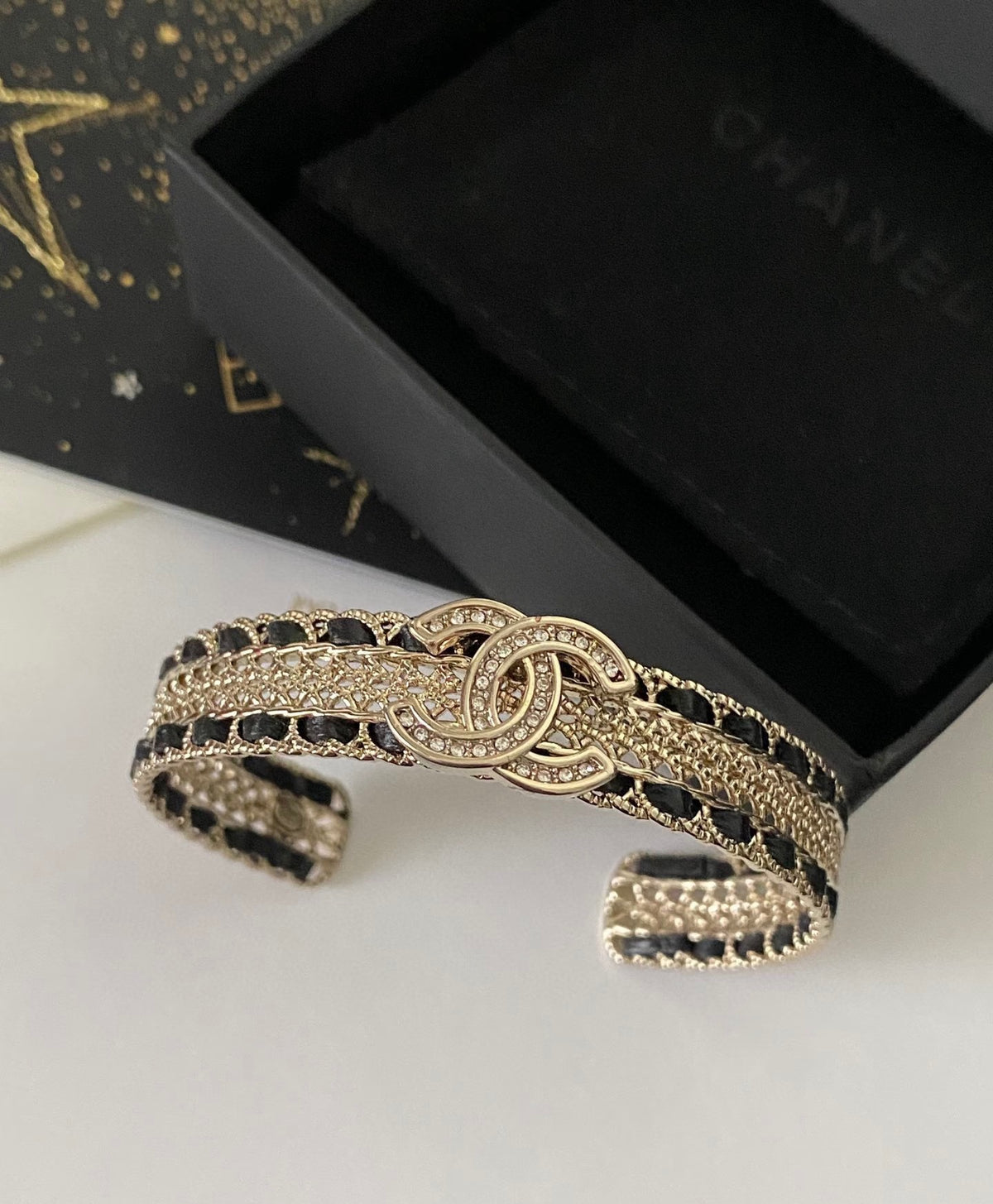 Signature Emblem Bangle in Polished Metal-Tone – Black Detail – Design 004 main product view