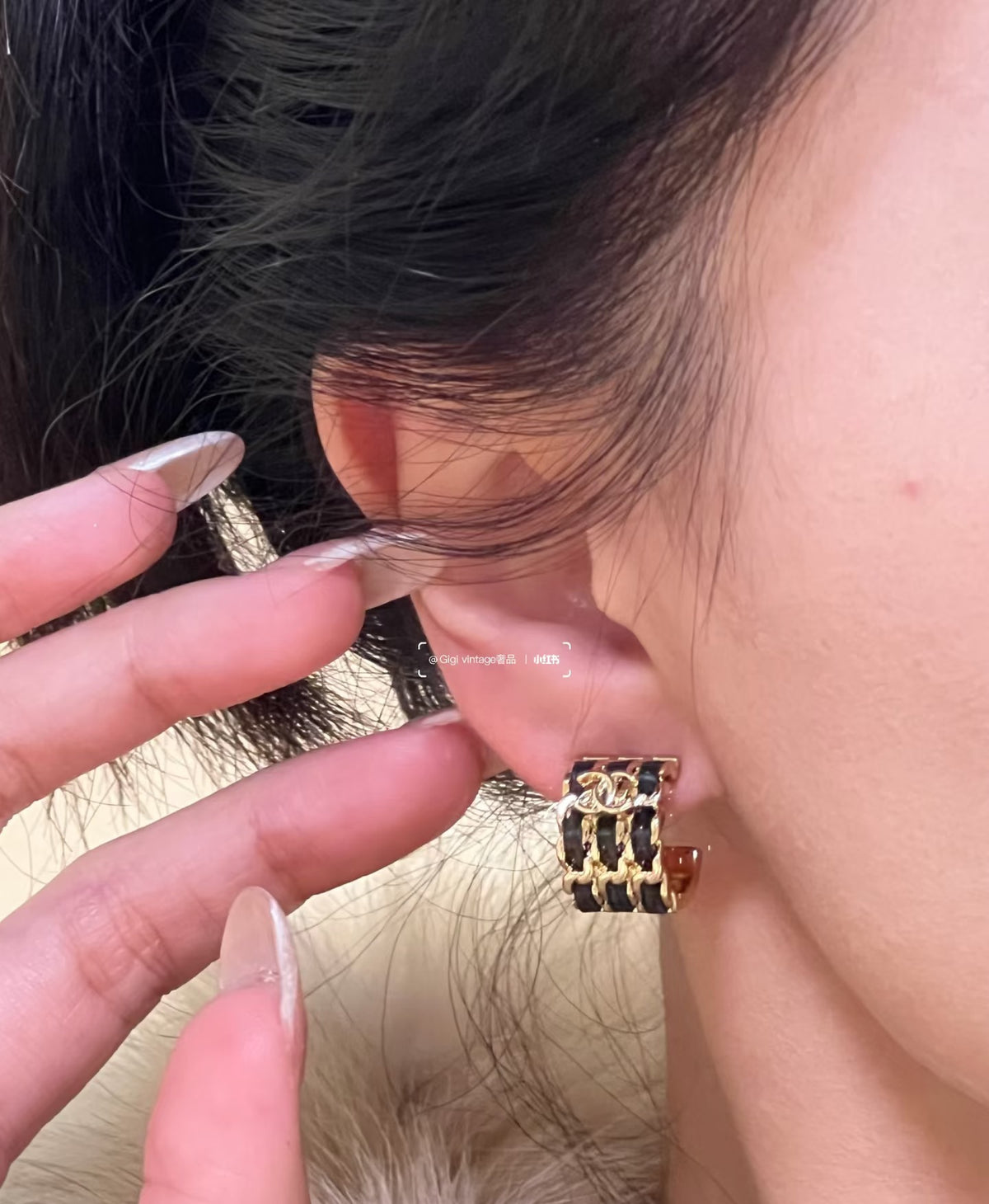 Double-C Emblem Stud Earrings in Gold-Tone – Black Detail – Design 002 front product view