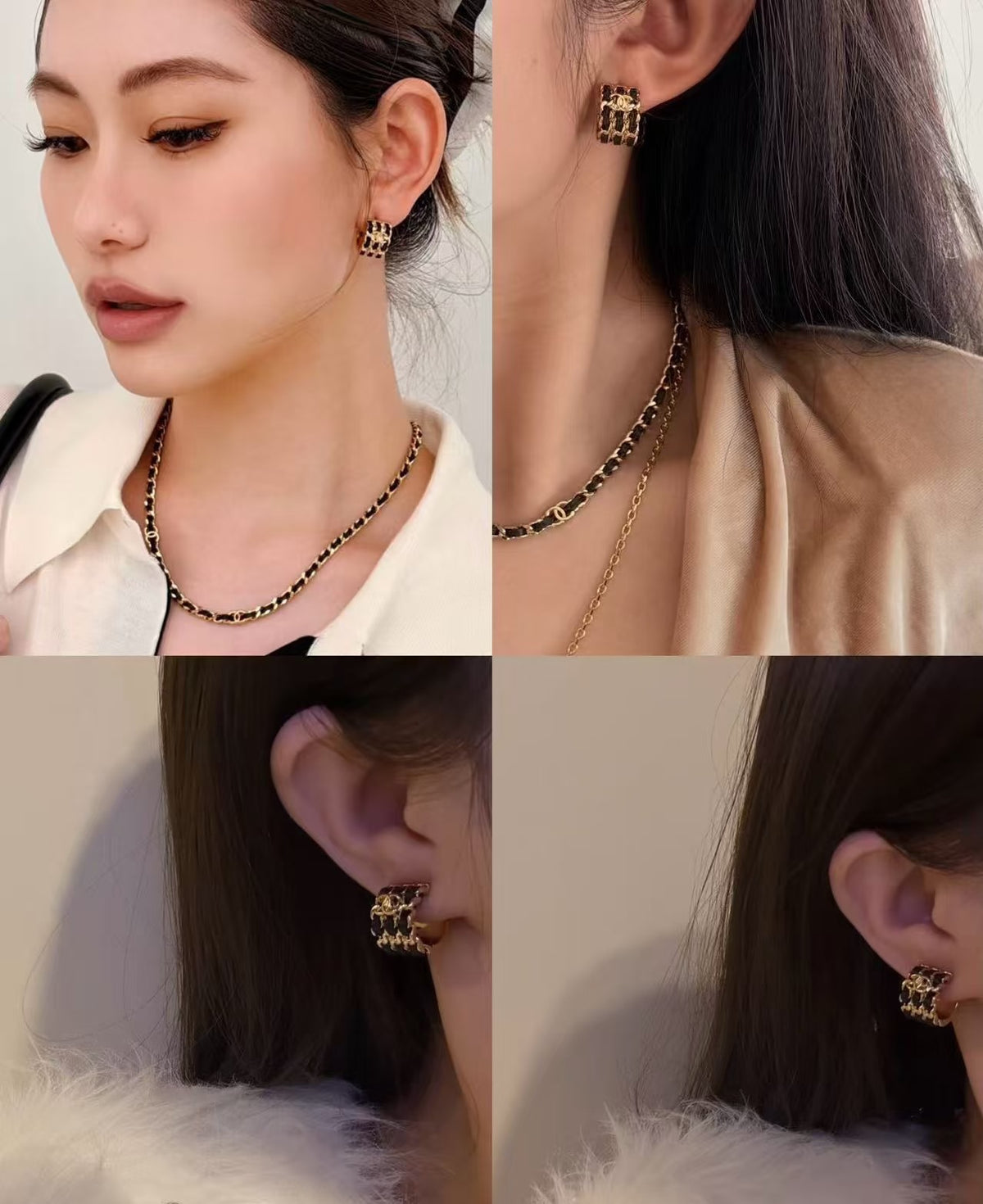 Double-C Emblem Stud Earrings in Gold-Tone – Black Detail – Design 002 detail view