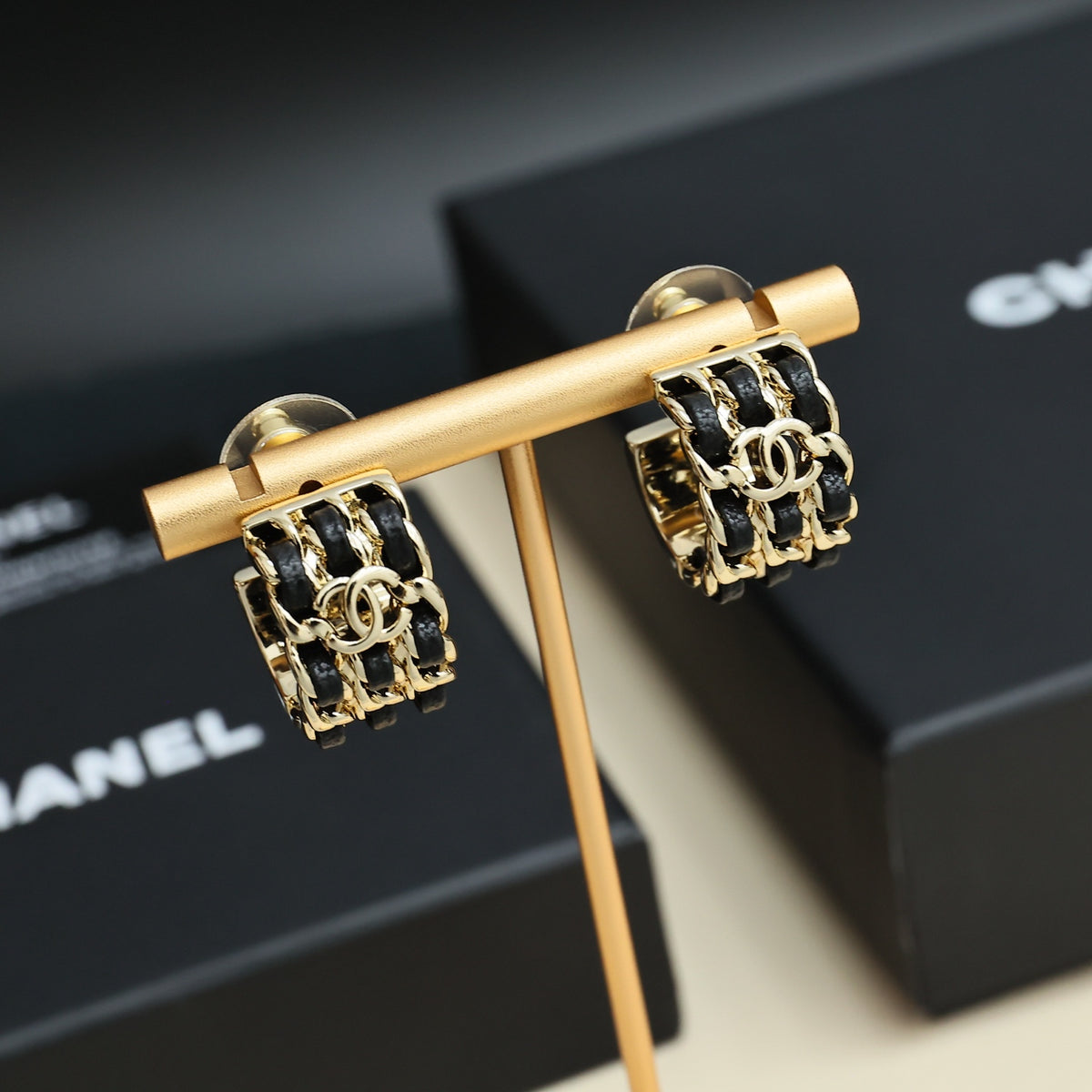 Double-C Emblem Stud Earrings in Gold-Tone – Black Detail – Design 002 styled product view