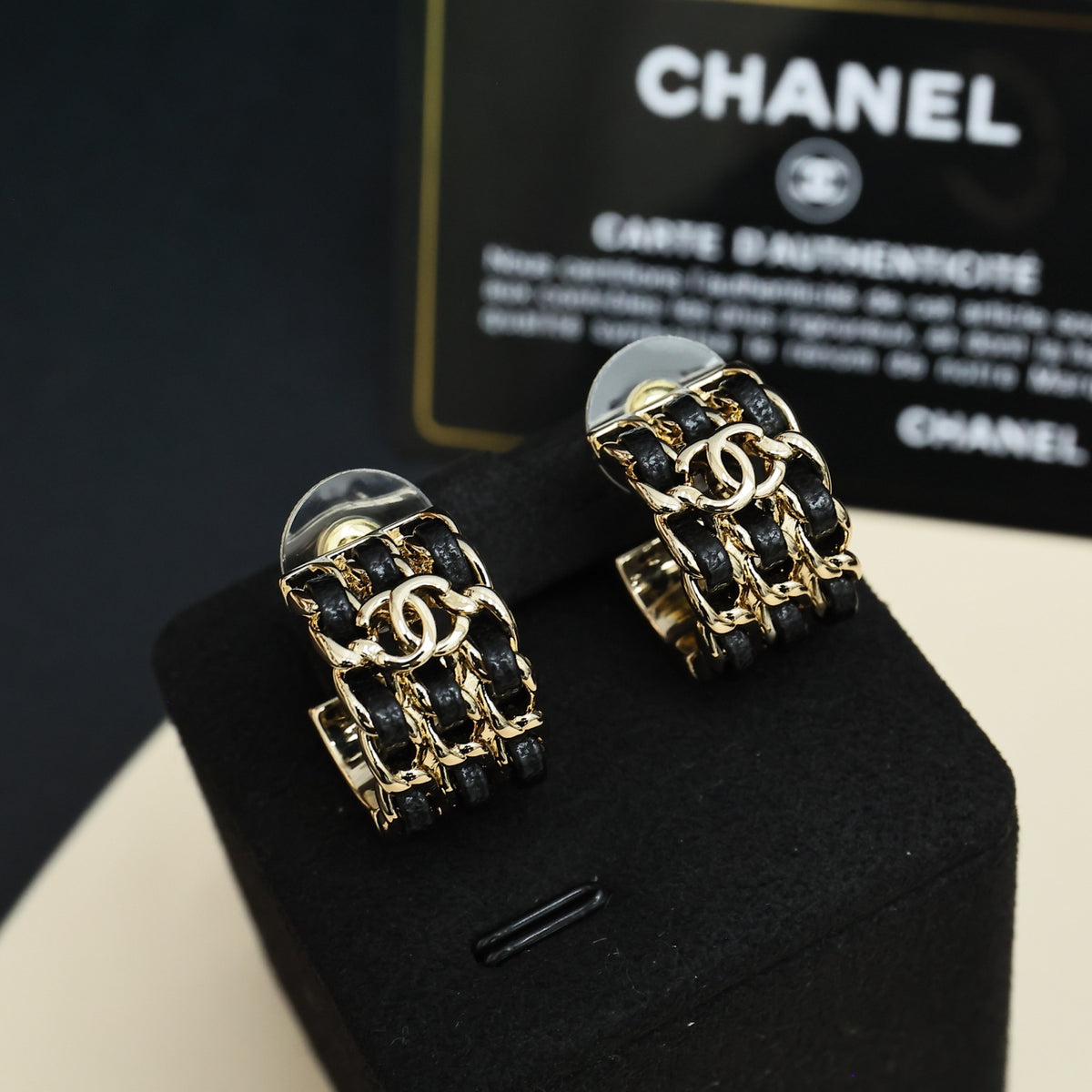 Double-C Emblem Stud Earrings in Gold-Tone – Black Detail – Design 002 main product view
