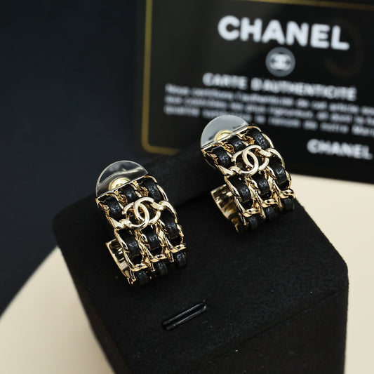 Double-C Emblem Stud Earrings in Gold-Tone – Black Detail – Design 002 main product view