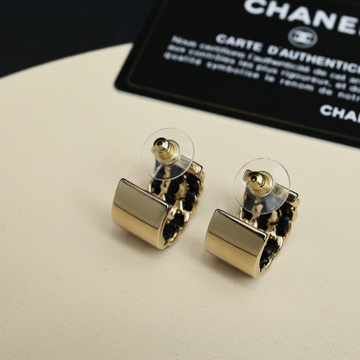 Double-C Emblem Stud Earrings in Gold-Tone – Black Detail – Design 002 side detail