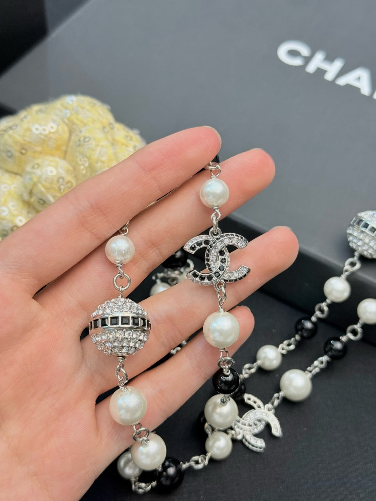 Double-C Emblem Pearl-Detail Pendant Necklace – Pearl Detail – Design 017 detail view