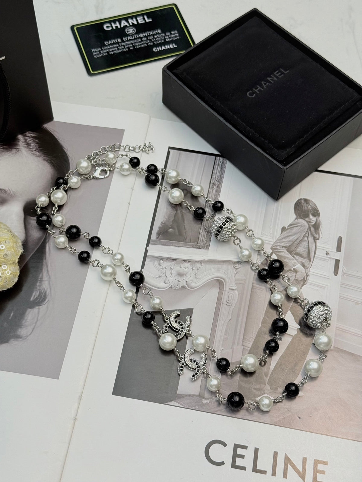 Double-C Emblem Pearl-Detail Pendant Necklace – Pearl Detail – Design 017 front product view