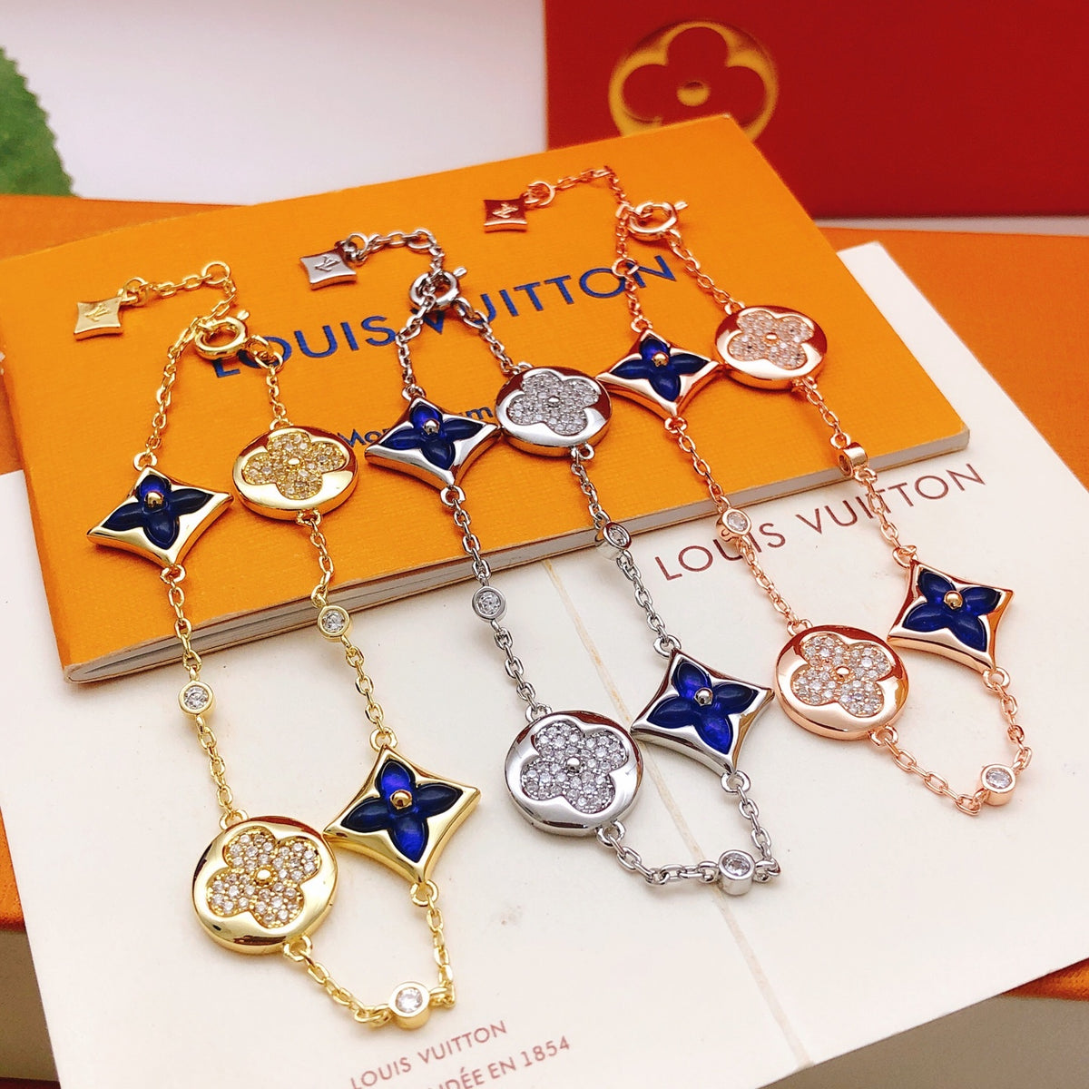 Geometric Emblem Bracelet in Gold-Tone – Blue Detail – Design 009 styled product view