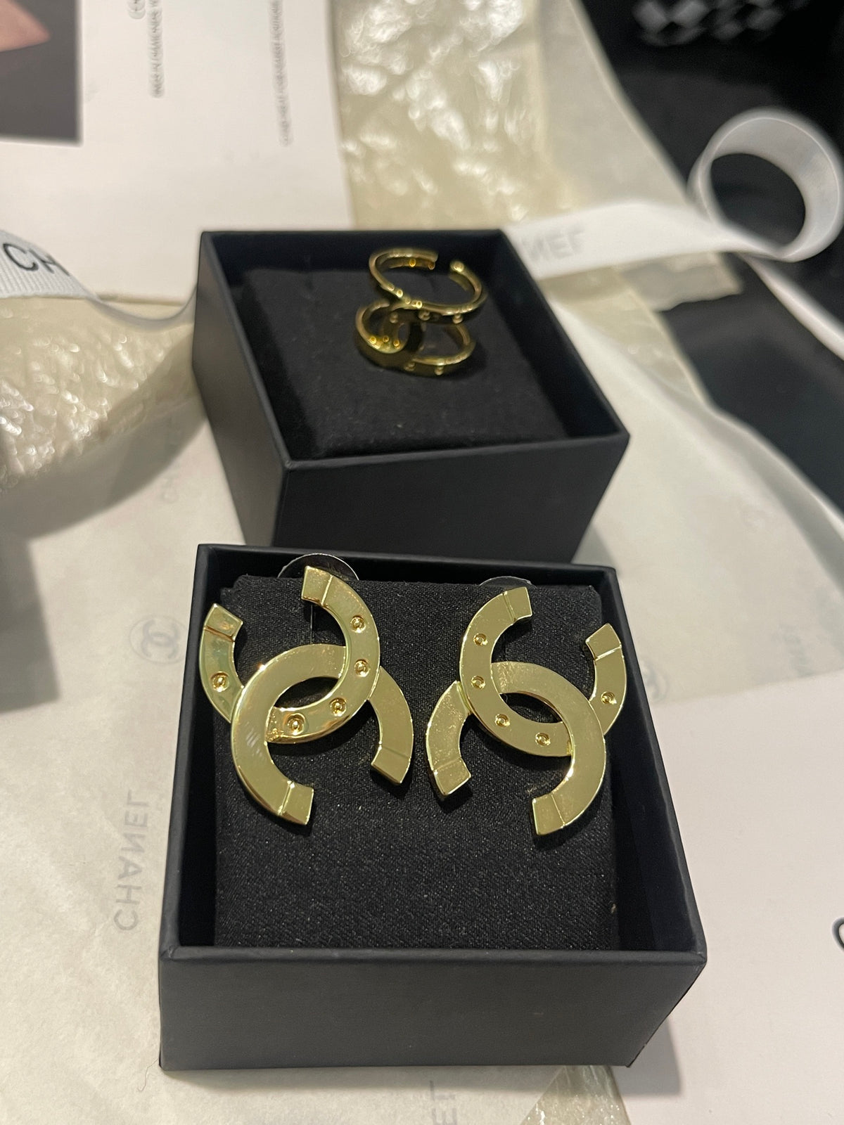 Double-C Emblem Stud Earrings in Gold-Tone – Design 023 main product view
